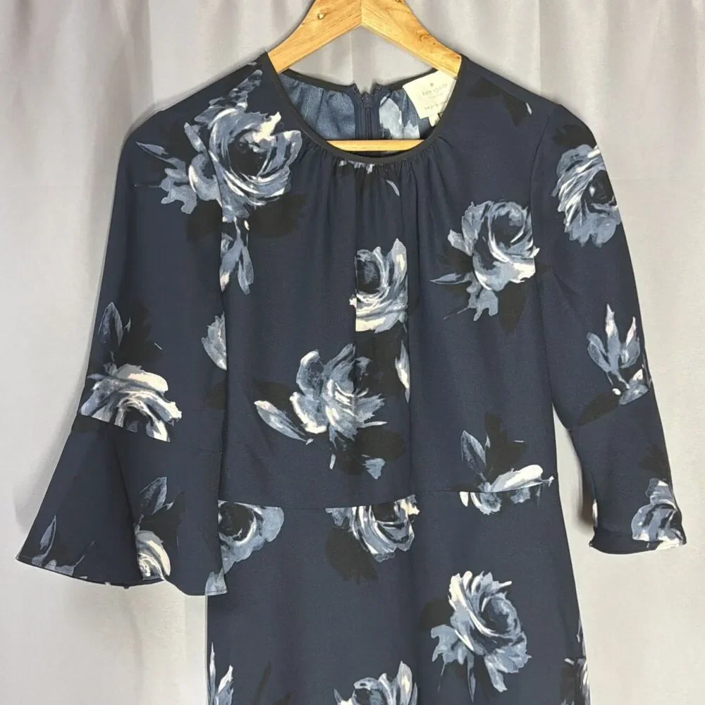 Kate Spade Dress Women’s Size 0 Blue Floral Rose  A Line 3/4 Bell Sleeve